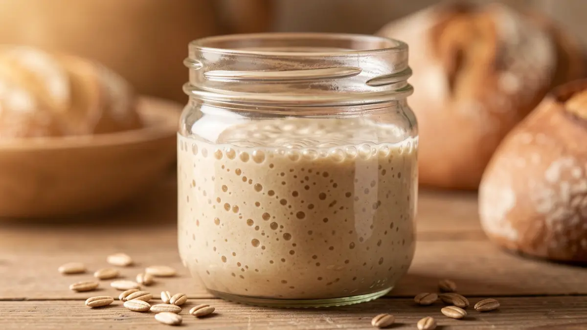 Generic image of a sourdough starter in a glass container, with wheat grains around it.