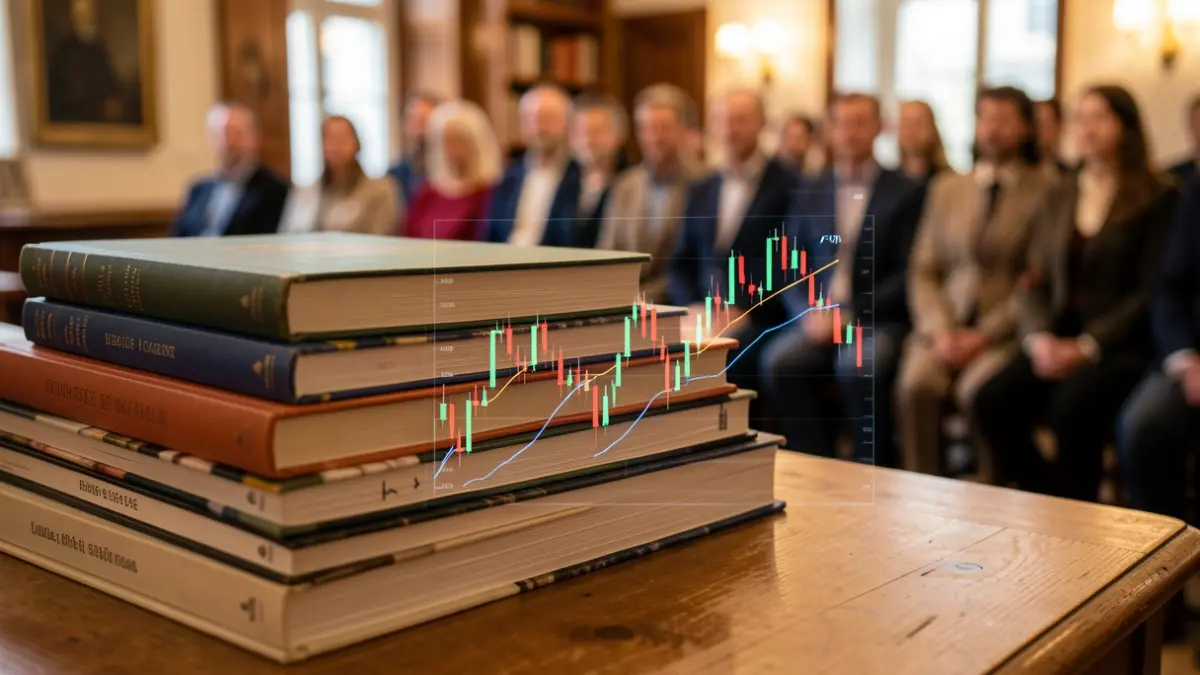 Imagen genérica de libros con un gráfico financiero.