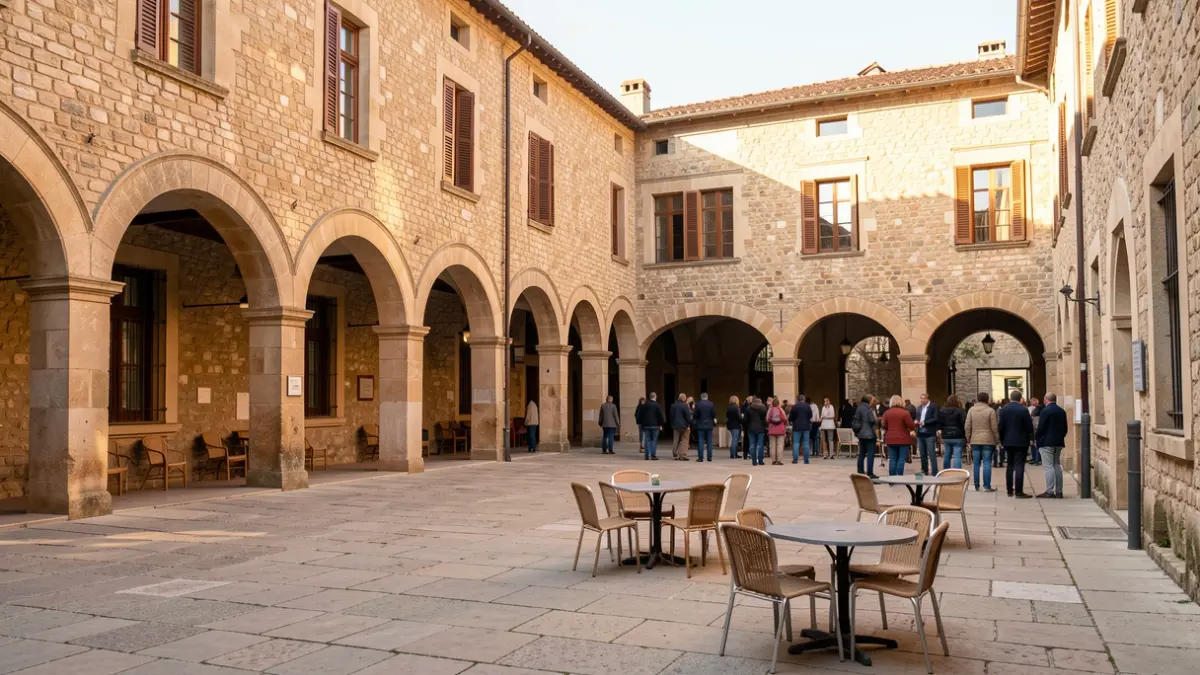 Imagen genérica de un patio universitario mediterráneo con edificios de piedra y arcos, con luz de tarde.