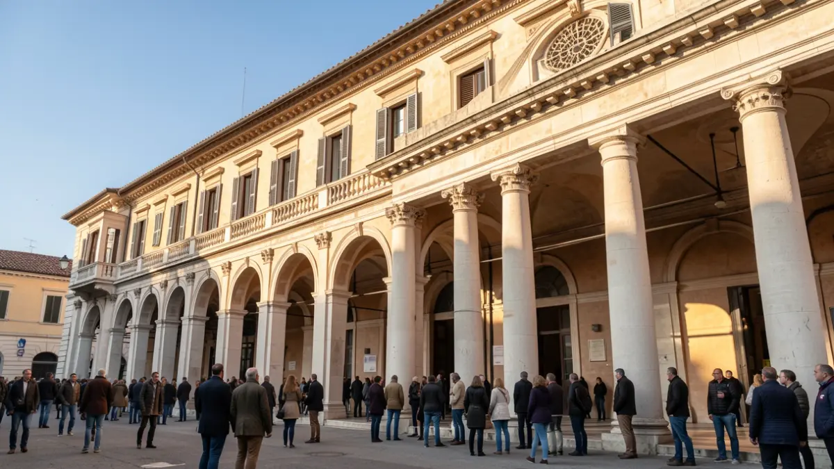 Generic image of a Mediterranean university facade with classical columns and arches, warm afternoon light.