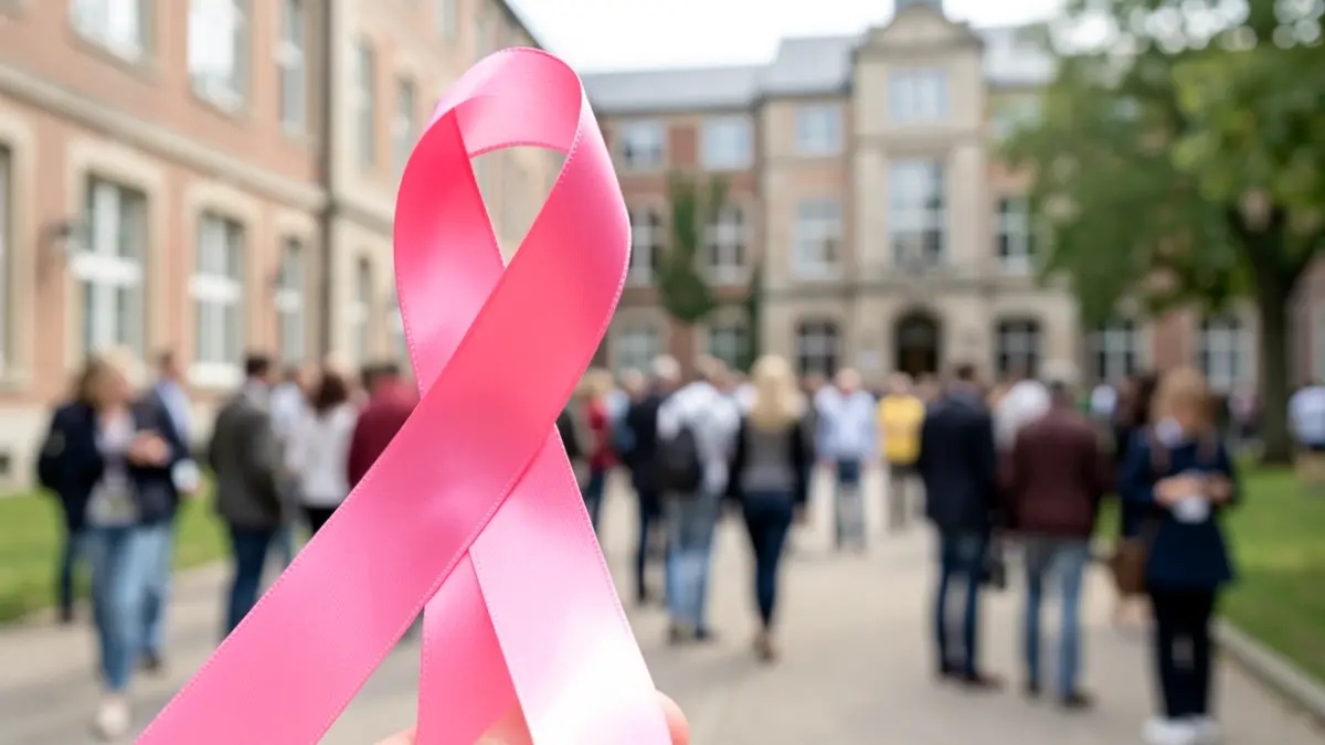 Generic image of a pink ribbon for breast cancer awareness on a blurred university campus background.