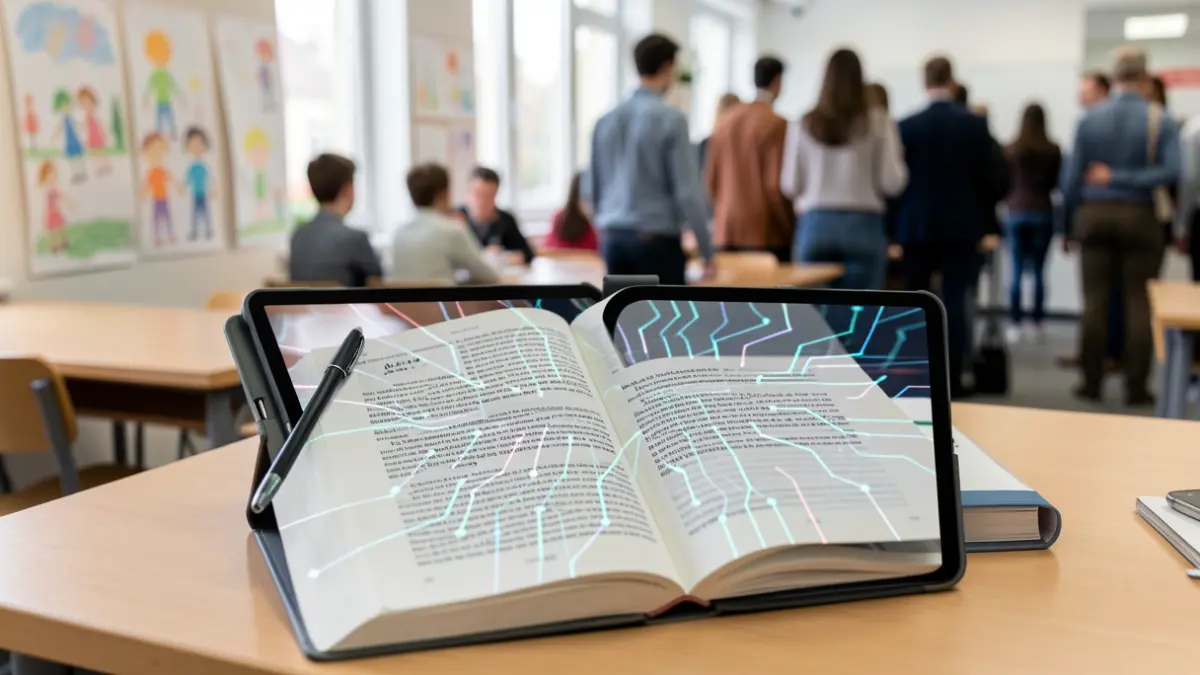Imatge genèrica d'una tauleta digital amb un llibre de text adaptat per intel·ligència artificial.