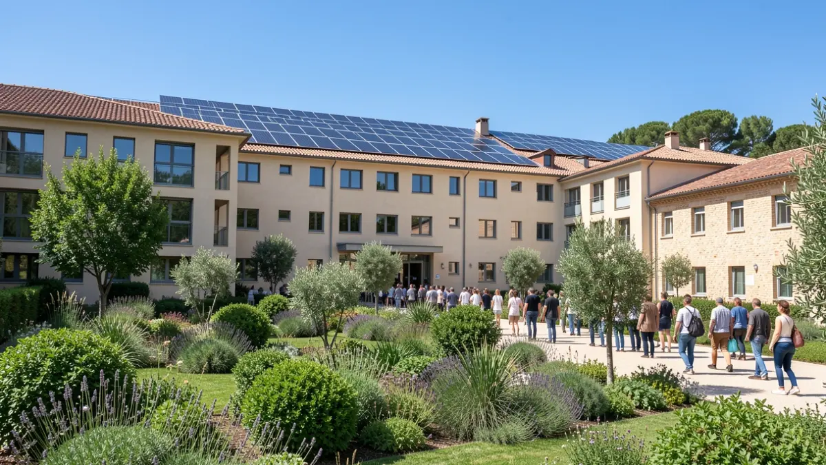 Imagen genérica de un edificio universitario mediterráneo con paneles solares y jardines.