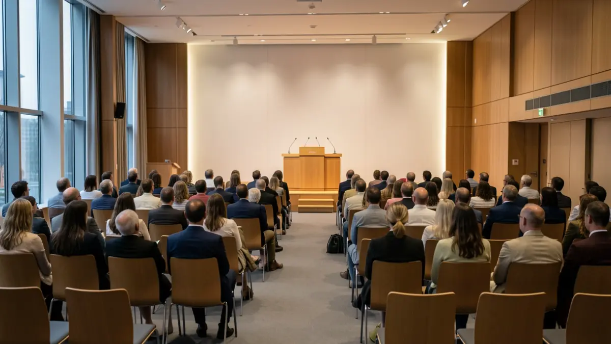 Generic image of a conference hall with empty chairs and microphones.