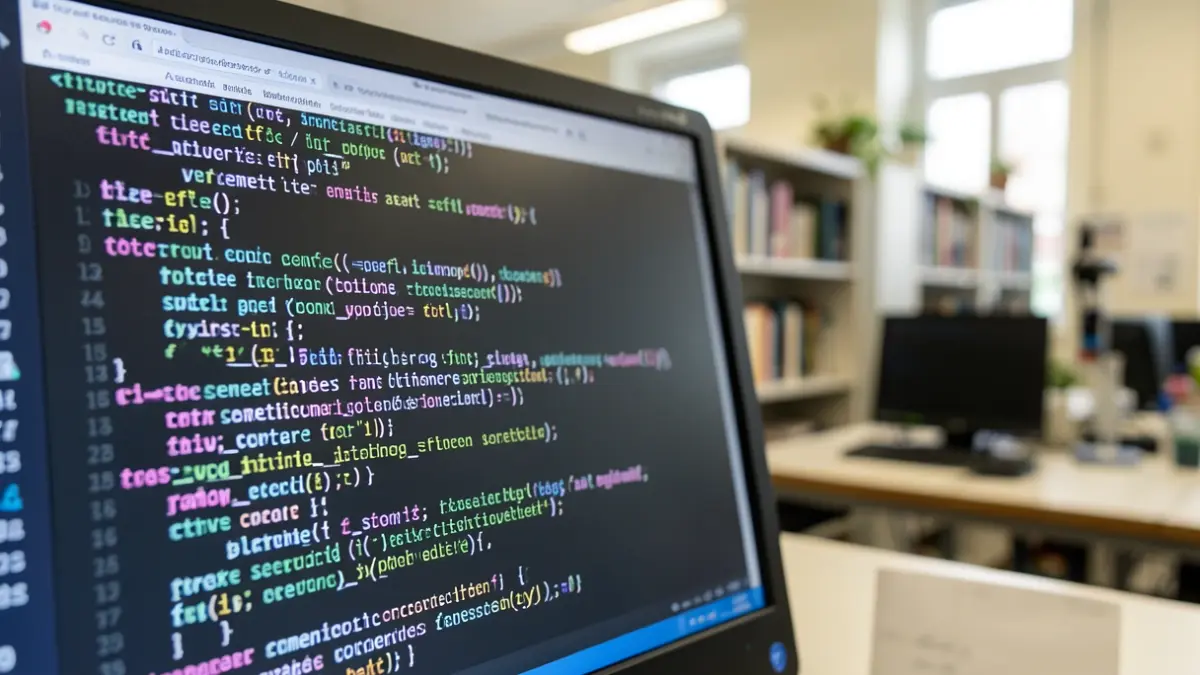 Generic image of a computer screen with abstract code in a university setting.