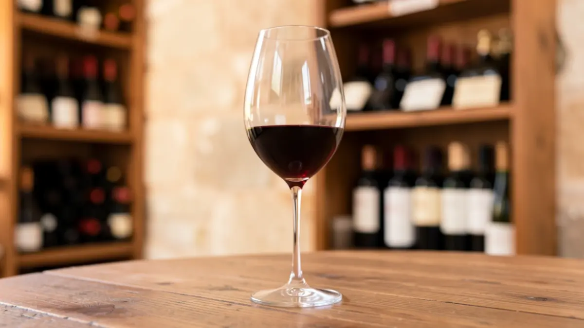 Generic image of a wine glass on a wooden table, with wine bottles and Mediterranean architecture in the background.