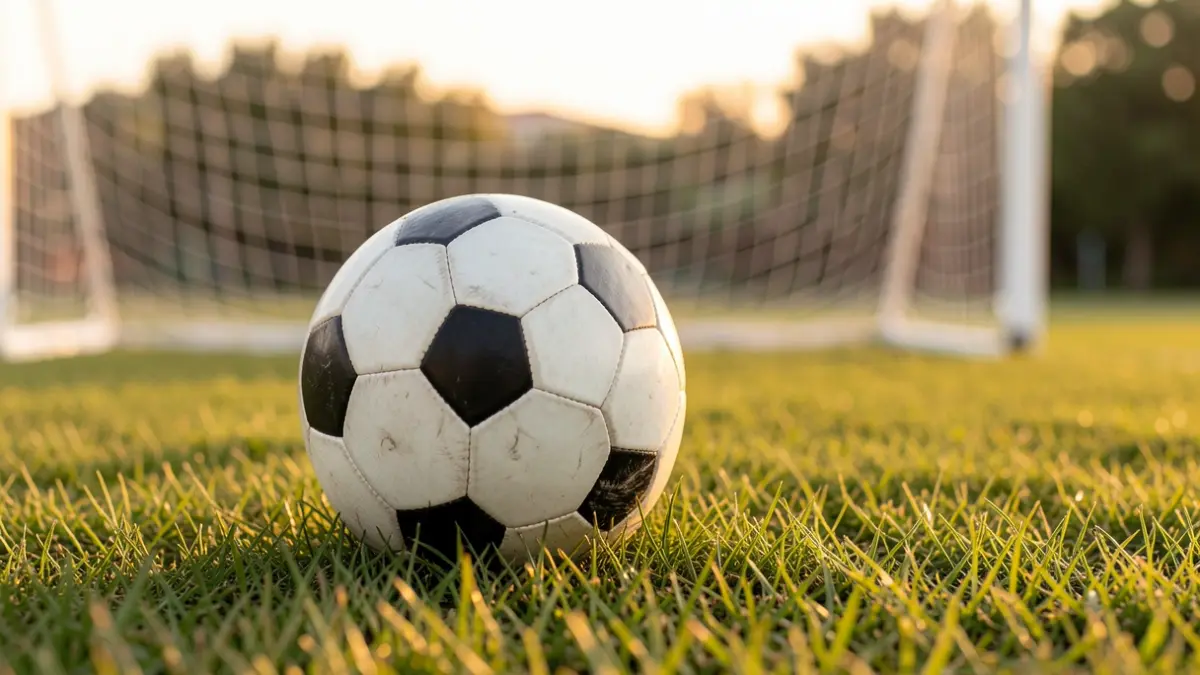 Imatge genèrica d'una pilota de futbol sobre gespa amb la xarxa de la porteria desfocada.