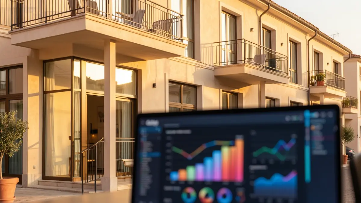 Generic image of a modern building in the afternoon sun with a computer screen displaying abstract data.