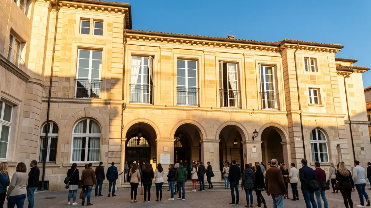 Imagen genérica de una fachada universitaria de estilo mediterráneo con grandes ventanales y entradas arqueadas, iluminada por la cálida luz de la tarde.