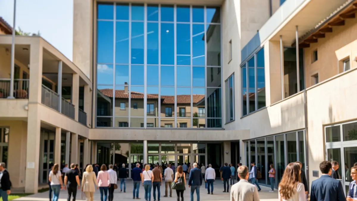 Imatge genèrica d'un edifici universitari modern amb finestrals amplis i cel blau, estil arquitectònic mediterrani.