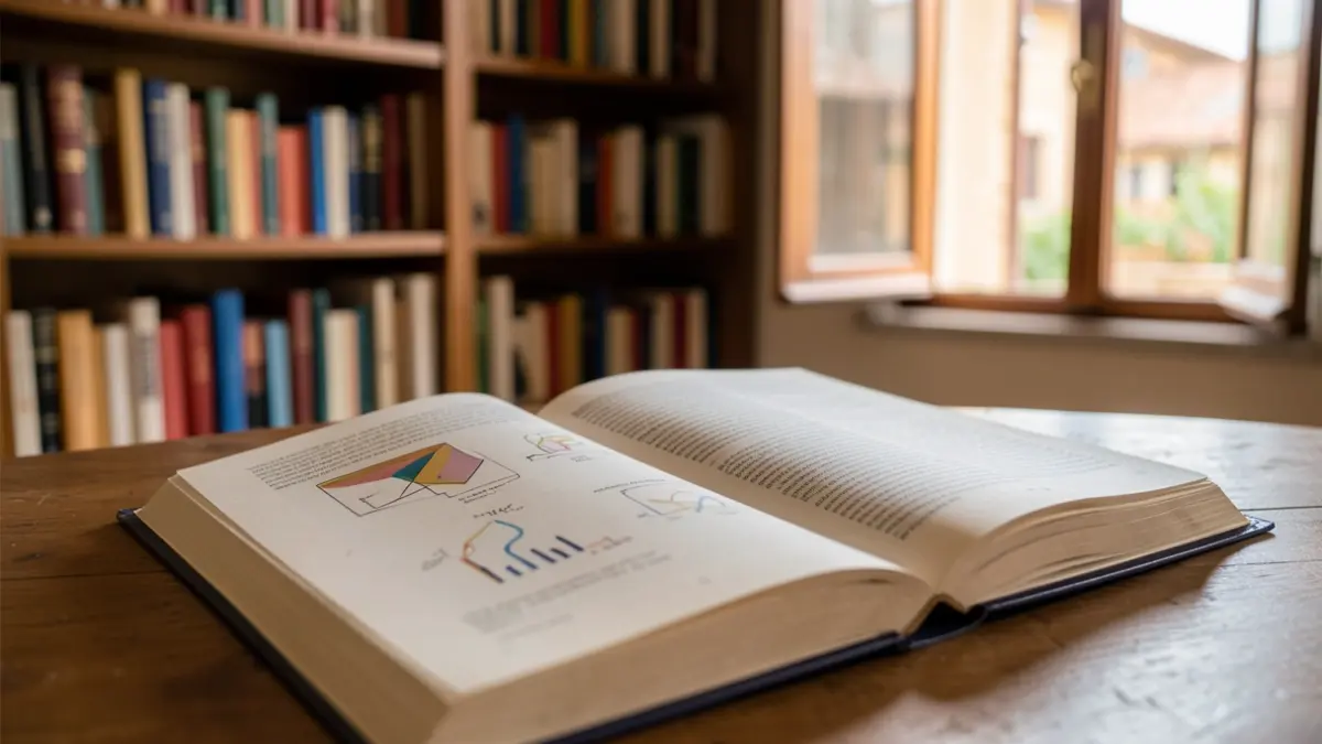 Imatge genèrica d'un llibre obert sobre una taula, amb prestatgeries al fons.