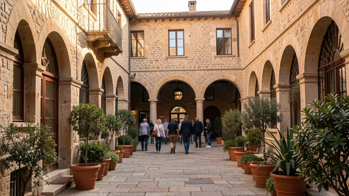 Imatge genèrica d'un pati universitari mediterrani amb edificis de pedra i plantes en testos, il·luminat per la llum de la vesprada.