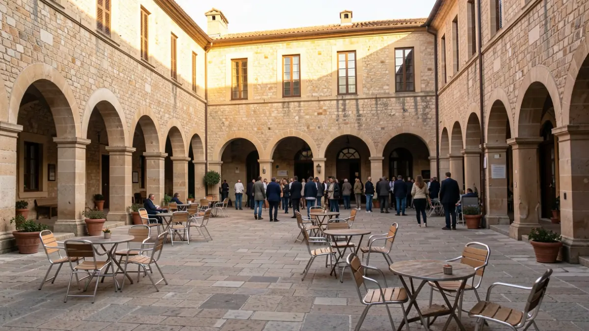 Imagen genérica de un patio universitario mediterráneo con edificios de piedra y arcos, luz cálida de tarde, sillas y mesas dispersas, sin personas visibles.