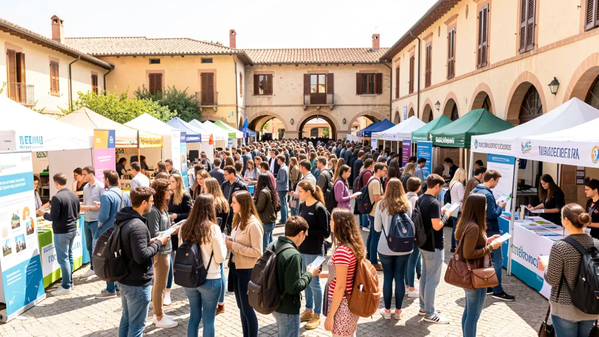 Imatge genèrica d'una fira universitària amb estudiants i estands.