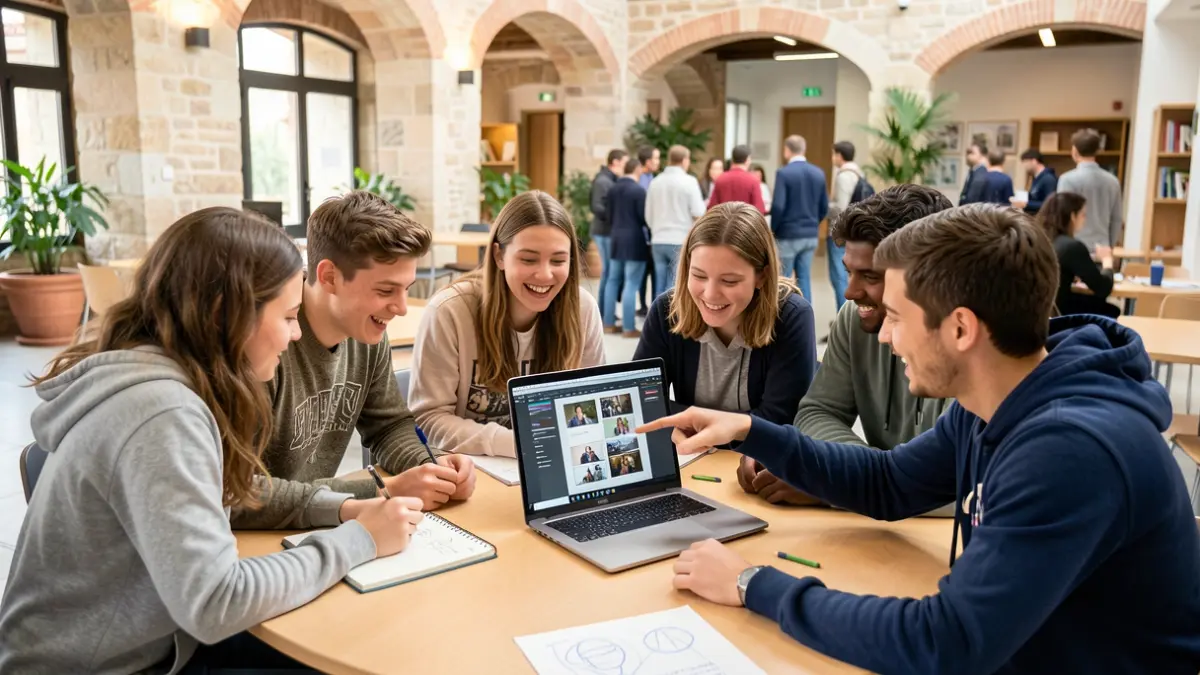 Imatge genèrica d'estudiants universitaris treballant en un projecte audiovisual en un entorn mediterrani.