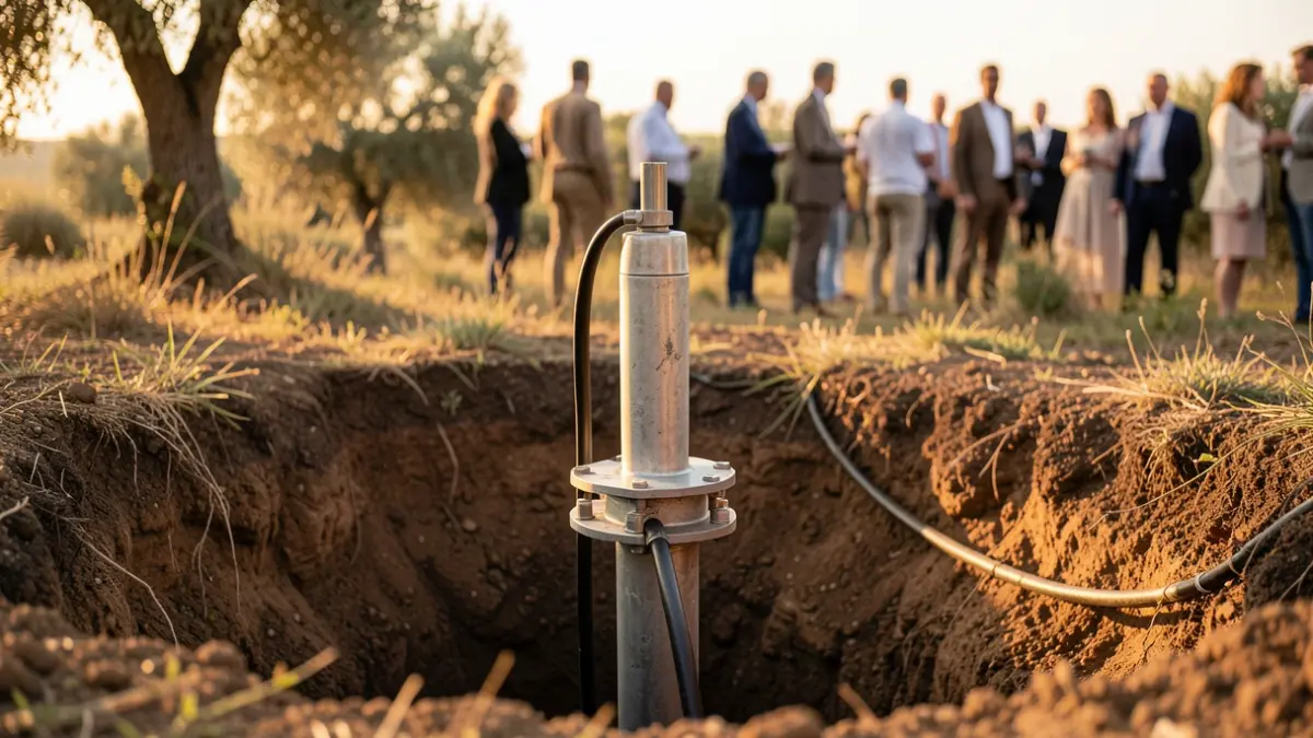 Generic image of a geothermal energy probe in the ground, with blurred Mediterranean vegetation in the background.