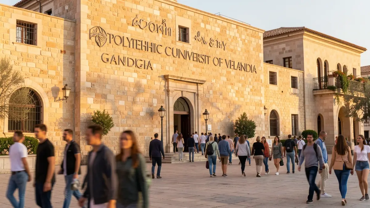 Imatge genèrica de la façana del campus de Gandia de la UPV amb estudiants.