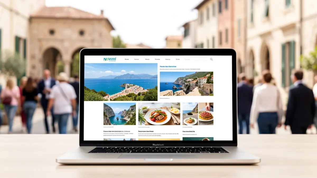 Generic image of a modern web interface on a laptop screen, featuring landscapes and gastronomy, set against a Mediterranean architectural background.