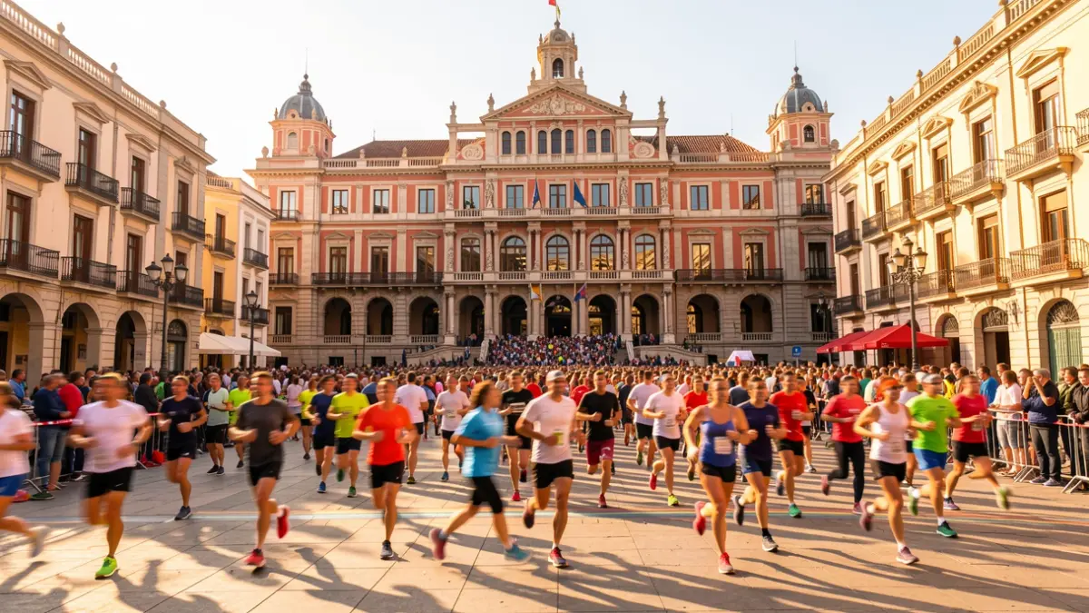 Imatge genèrica de la Plaça de l'Ajuntament de València amb corredors creuant una meta.