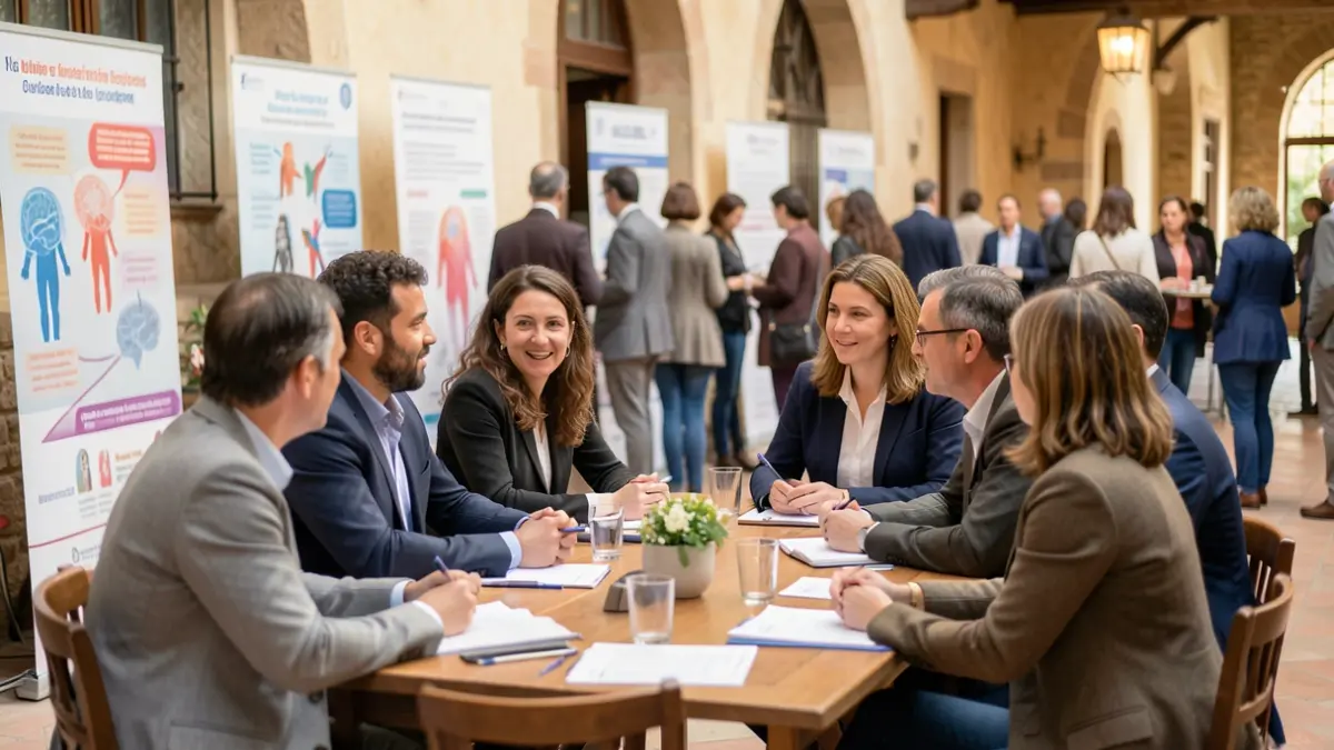 Imagen genérica de profesionales y ciudadanos participando en unas jornadas sobre salud mental en un edificio con arquitectura mediterránea.
