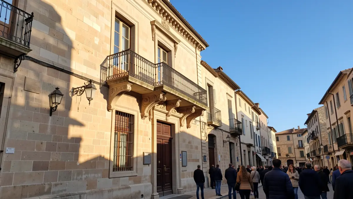 Imatge genèrica d'un edifici municipal amb balcó i baranes de ferro, il·luminat per la llum càlida de la vesprada.