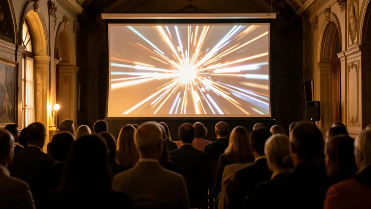 Imatge genèrica d'una pantalla de projecció de cinema amb patrons de llum abstractes.