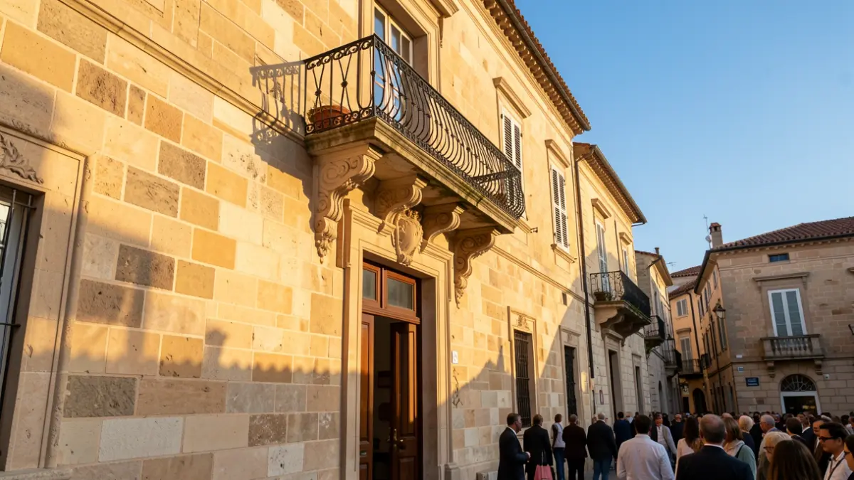 Generic image of the facade of an official building with a balcony and blue sky.