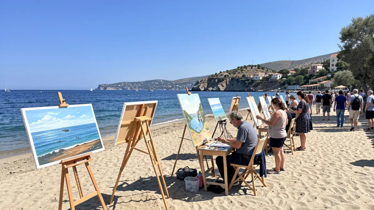 Imatge genèrica d'un encontre de pintors a la platja, amb artistes treballant a l'aire lliure i el mar de fons.