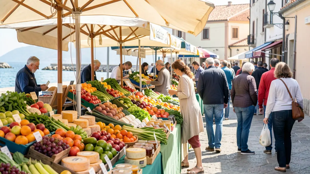 Imatge genèrica d'una fira de productes ecològics en un passeig marítim mediterrani, amb parades de fruites, verdures i formatges sota un sol brillant.