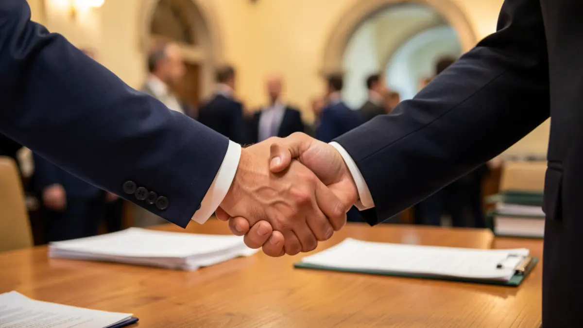 Generic image of two hands shaking over a desk with papers, featuring a Mediterranean architectural detail in the background.