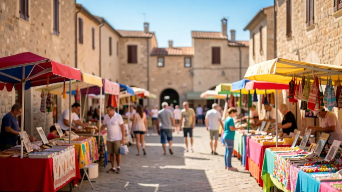 Imagen genérica de una plaza de pueblo mediterráneo con puestos y gente disfrutando de actividades.
