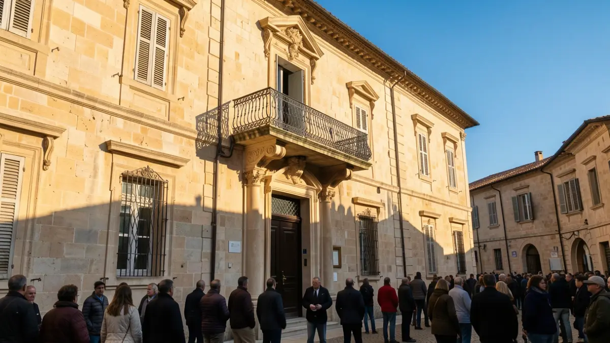 Generic image of a municipal building with a balcony and iron railings, illuminated by warm afternoon light.