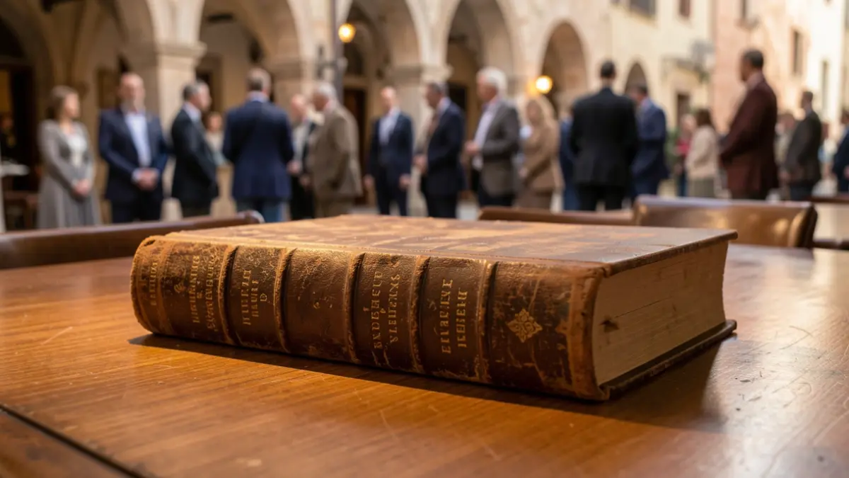 Generic image of an old book open on a wooden table, with warm light.