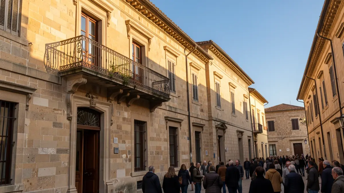 Imatge genèrica d'un edifici institucional amb balcó i baranes de ferro, il·luminat pel sol de la vesprada.