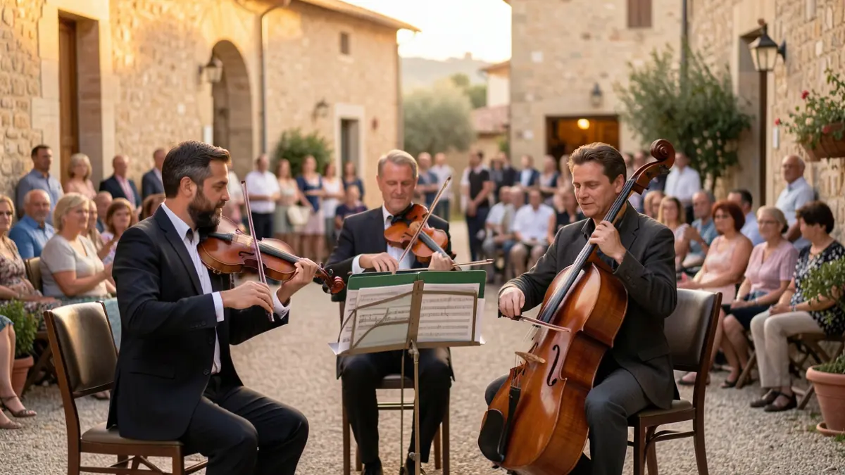 Imatge genèrica d'un trio de corda interpretant música clàssica i contemporània en un espai patrimonial a l'aire lliure, amb públic difuminat al fons.