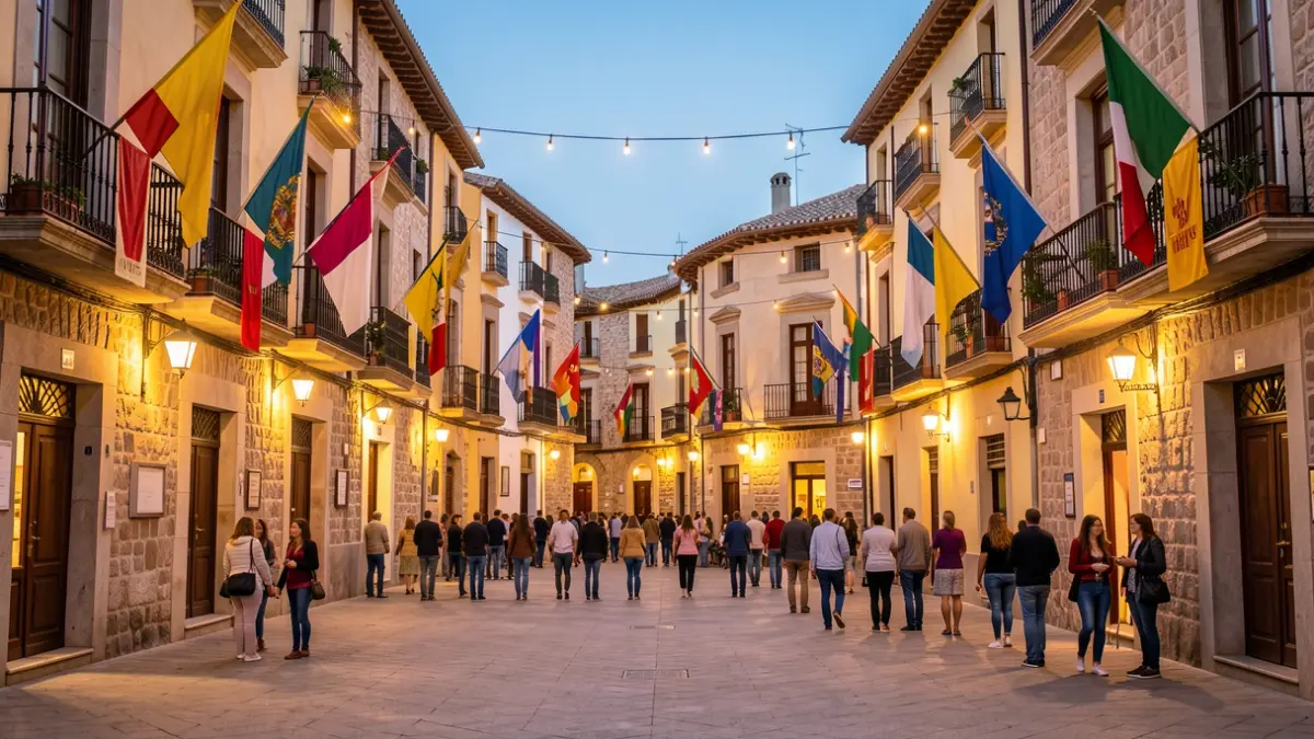 Imatge genèrica d'una plaça mediterrània amb decoracions festives i arquitectura típica valenciana.