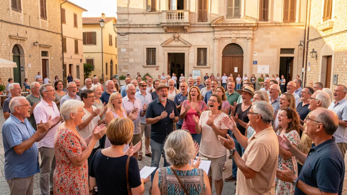Imagen genérica de un grupo diverso de personas cantando juntas en una plaza mediterránea.