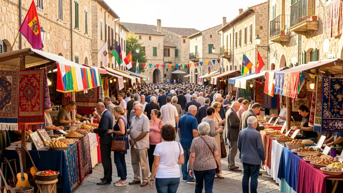 Imatge genèrica d'una plaça mediterrània plena de gent, estands amb banderes i símbols culturals, menjar i instruments musicals, amb llum solar càlida.