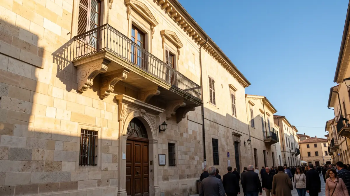 Façana d'un edifici municipal amb balcó i cel blau.