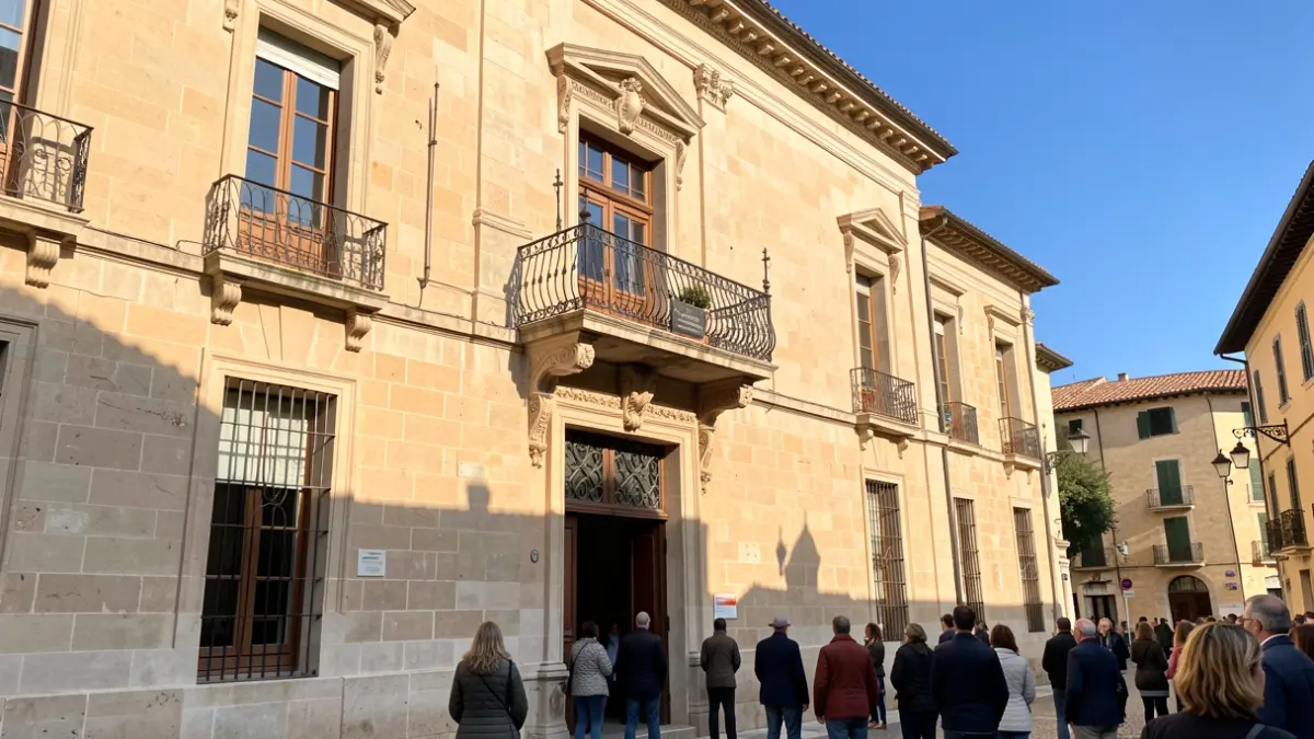 Imagen genérica de un edificio municipal con balcón y barandillas de hierro, iluminado por la luz cálida de la tarde.