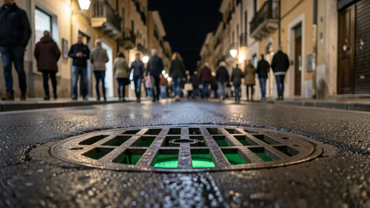 Generic image of a sewer grate on a wet street at night.