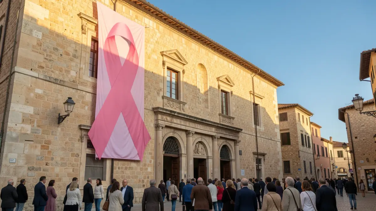Imagen genérica de un gran lazo rosa colocado en la fachada de un ayuntamiento mediterráneo.