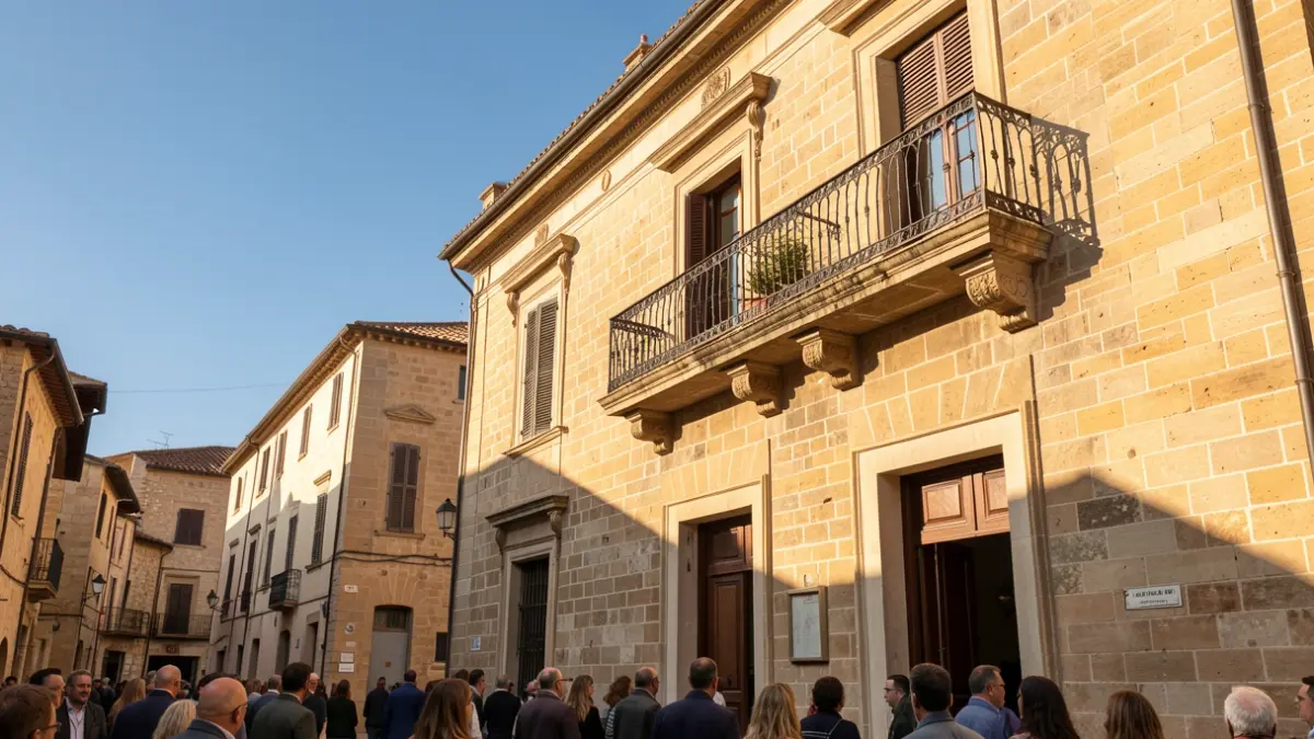 Generic image of a Mediterranean town hall facade with a balcony and iron railings, under the afternoon sunlight.