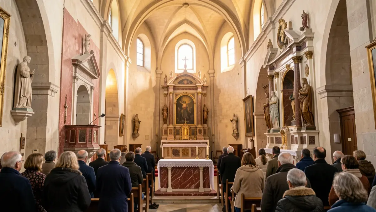 Interior d'un presbiteri d'església mediterrània amb ambó de marbre, altar central i expositor restaurat per al Santíssim Sacramento.