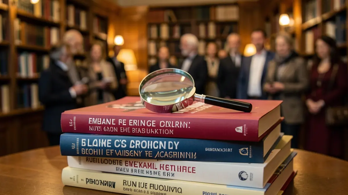 Imatge genèrica de llibres amb títols feministes i una lupa, en un entorn d'estudi.