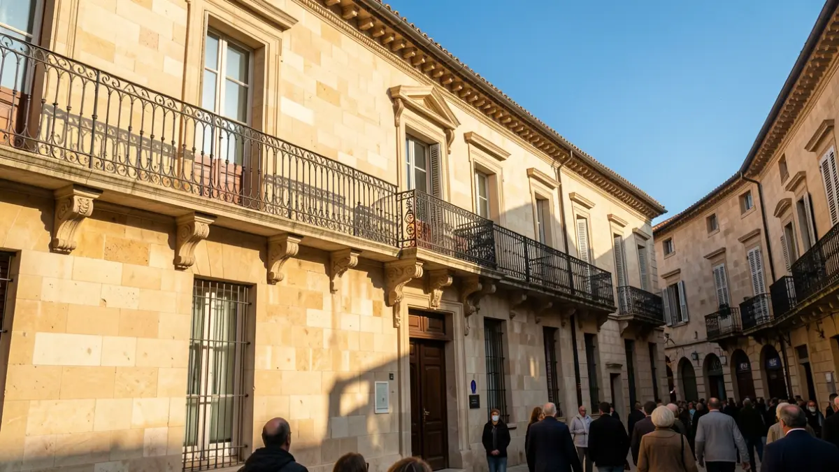Imatge genèrica d'un edifici institucional amb balcó i baranes de ferro, il·luminat per la llum càlida de la vesprada.