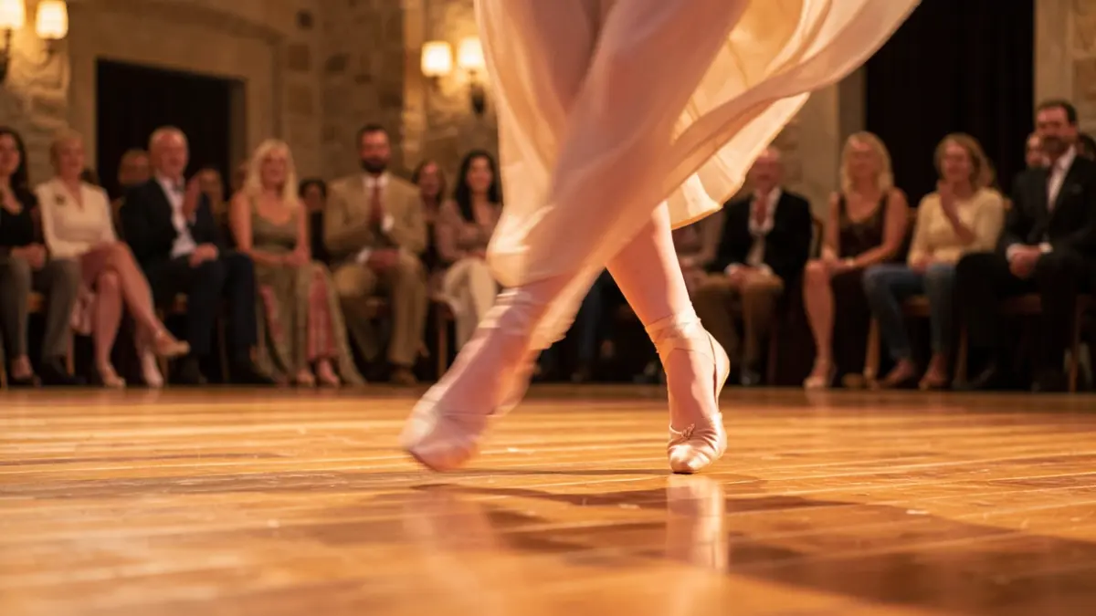 Generic image of a dancer's feet in motion on a polished wooden floor, with warm stage lighting.