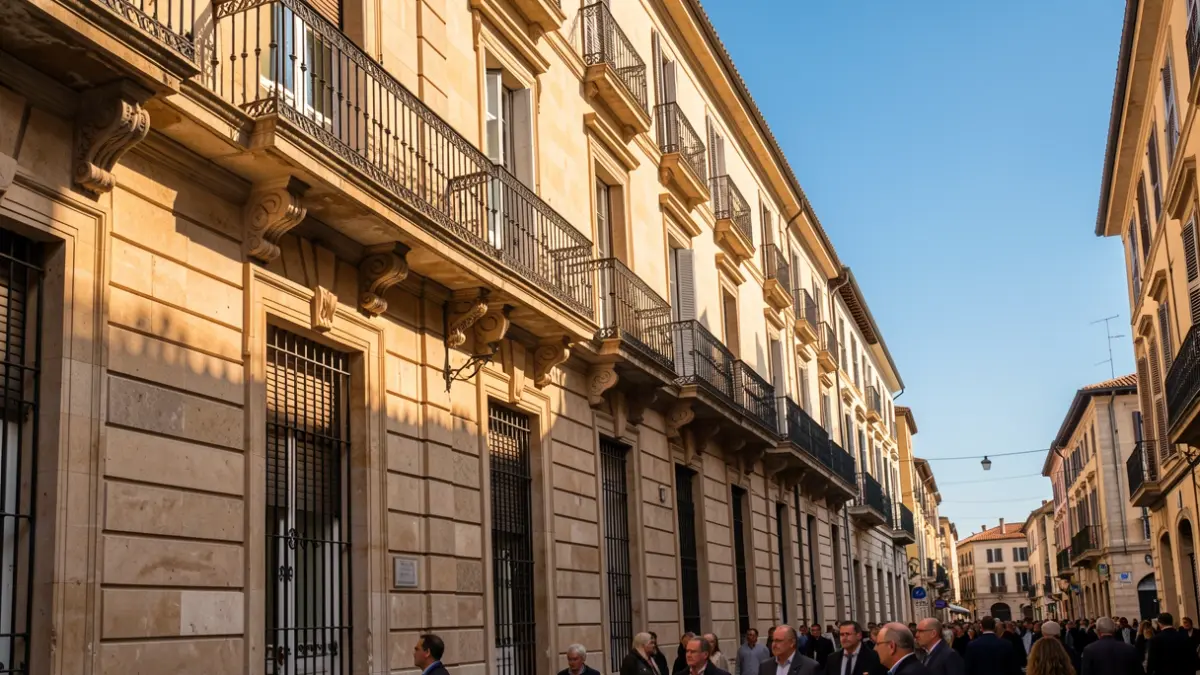 Imatge genèrica d'una façana d'edifici històric amb balcons i baranes de ferro, il·luminada per la llum càlida de la vesprada.