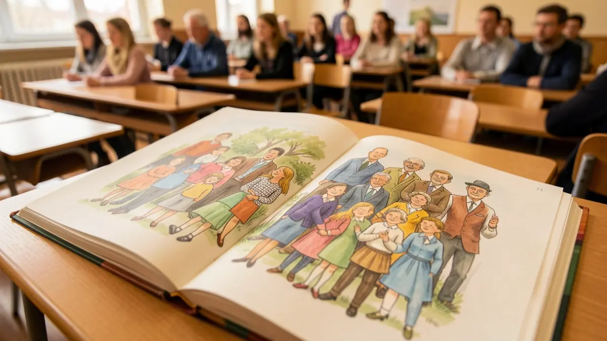 Imatge d'un llibre obert amb il·lustracions que mostren diversitat, amb pupitres escolars desenfocats al fons.
