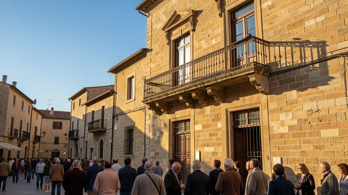Façana d'un ajuntament mediterrani amb balcó i barana de ferro, llum de vesprada.